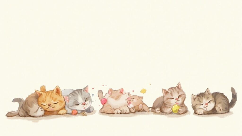 Illustration de plusieurs chatons mignons et câlins endormis dans une rangée