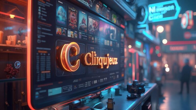 Intérieur d'un arcadeautomatique avec une enseigne lumineuse 'Cliqujeuz'