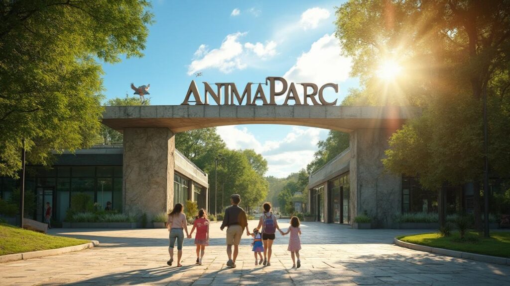 Groupe de personnes marchant sous l'arche d'entrée d'un parc animalier