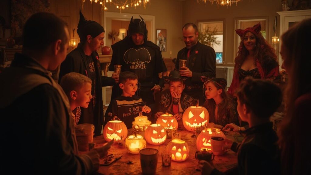 Groupe d'amis et de famille célébrant Halloween ensemble