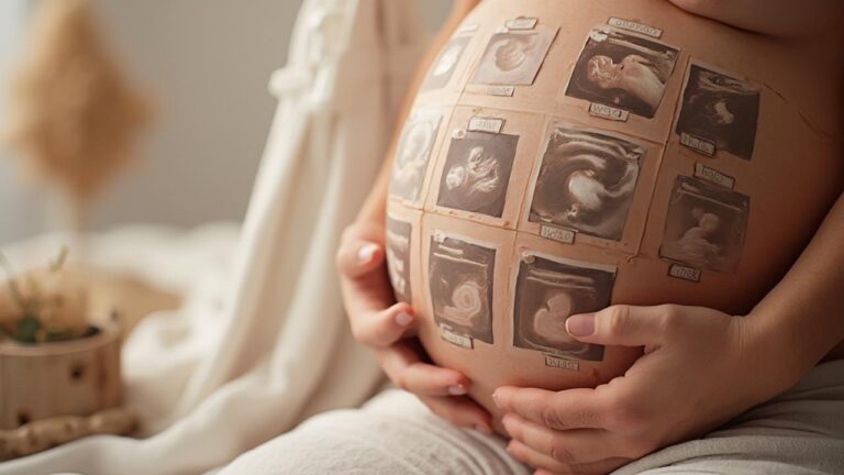 Image d'un ventre de femme enceinte recouvert d'images échographiques