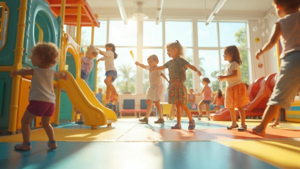 Groupe d'enfants jouant et s'amusant dans une salle de jeux colorée