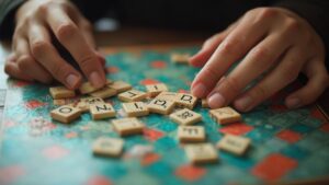 Mains jouant avec des lettres de jeu de mots sur un plateau coloré