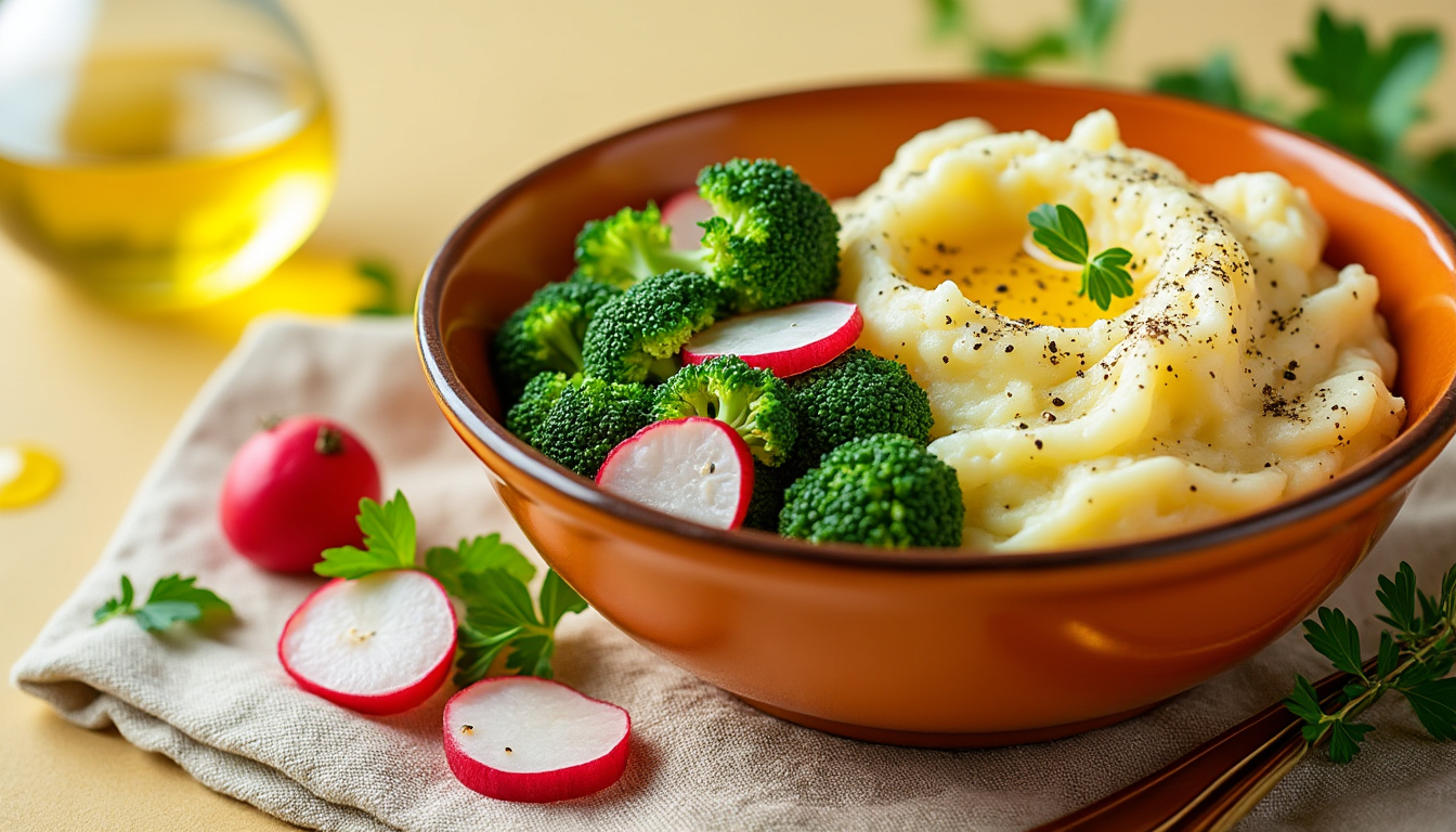 découvrez notre écrasé de pomme de terre, brocoli et radis, une recette saine et délicieuse spécialement conçue pour les bébés. idéal pour introduire de nouvelles saveurs et textures, ce plat rassurant est parfait pour nourrir votre petit tout en lui offrant des légumes riches en nutriments.