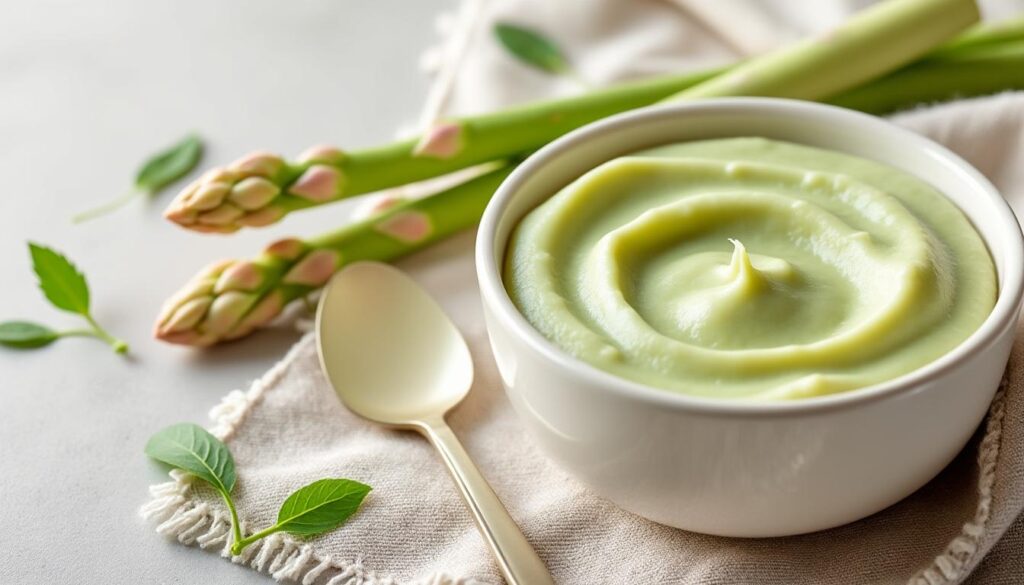 découvrez notre délicieuse crème printanière d'asperges blanches, spécialement conçue pour les bébés. une recette saine et savoureuse pour initier les tout-petits aux plaisirs des légumes de saison. idéale pour leurs repas équilibrés et nutritifs, cette crème est à la fois douce et pleine de saveurs pour une expérience gustative unique.
