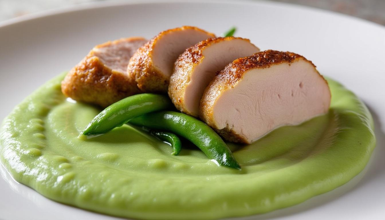 découvrez notre délicieuse purée tomatée de haricots verts accompagnée d'escalope de dinde, un plat savoureux et équilibré qui ravira vos papilles. idéal pour un repas rapide et nutritif, ce mélange de saveurs et de textures fera le bonheur de toute la famille !