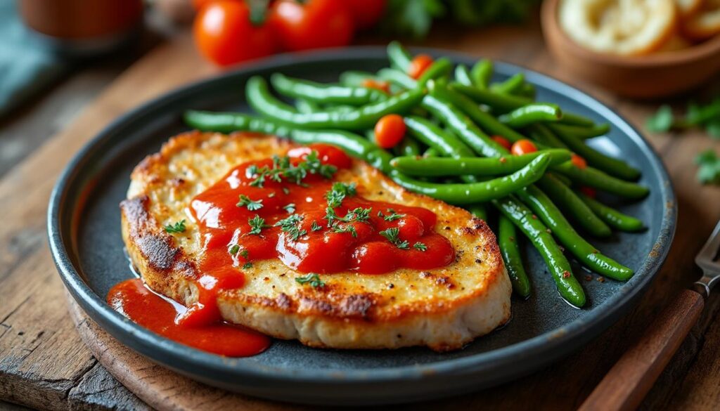 découvrez une délicieuse purée tomatée de haricots verts accompagnée d'une tendre escalope de dinde. ce plat savoureux et nourrissant allie la douceur des haricots à la richesse de la tomate, pour une expérience gustative inoubliable. parfait pour un repas en famille, simple à préparer et plein de couleurs!